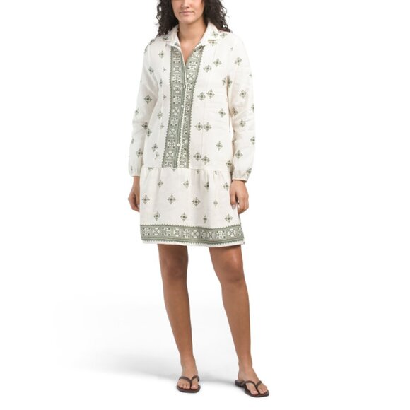 FRANCESCA BETTI  Italy Linen Blend Three-quarter Sleeve Border Print Mini Dress - Picture 1 of 2